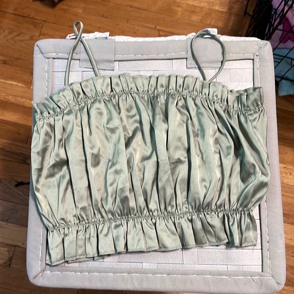 Sage green ruffled cropped tank top
